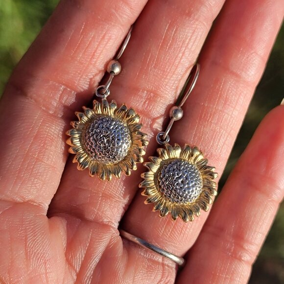 Sterling silver 925 gold boho hippie flower child sunflower earrings - Picture 3 of 13